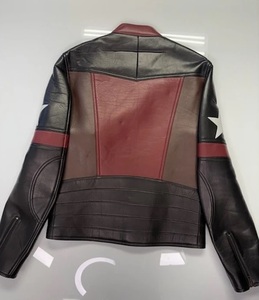 Chaqueta de Motociclista de Cuero Genuino para Hombre, Diseño de Estrellas en Negro, Marrón y Rojo, Cuello Alto, Cierre de Cremallera, Estilo Motero - Product Image 3