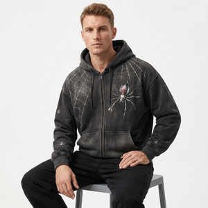 Sweat à capuche zippé graphique pour homme OME, imprimé toile d'araignée, manches longues, streetwear urbain, vente en gros B2B, stock personnalisé en vrac - Product Image 3
