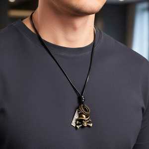 18K Gold Plated Cowboy Skull Pendant with Adjustable Leather Cord Necklace for Men - Product Image 1