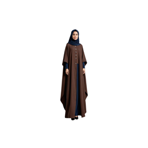 Abaya longue vert olive pour femme avec panneau blanc et détails lacés, coupe ample et modeste, en coton, pour usage quotidien, style Moyen-Orient - Product Image 5