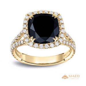 Bague de luxe en moissanite noire pour femme, plaquée or, taille coussin, bijoux de fiançailles et de mariage, micro-incrustation, cadeau élégant, Gujarat - Product Image 1