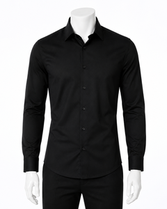 Camisa Formal de Manga Larga Negra para Hombre, Popelina, Color Sólido, Corte Regular, Diseño con Botones - Product Image 3