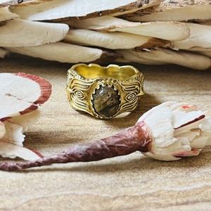 Elegant Design <b>Labradorite</b> Lotus Texture <b>Ring</b> Boho Gold Plated Brass <b>Ring</b> Vintage Floral Tribal Statement Wholesale Womens <b>Ring</b> - Product Image 1