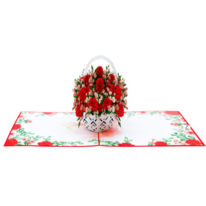 Carte de vœux 3D en forme de panier de fleurs avec des roses rouges et des fleurs roses pour un cadeau de la Saint-Valentin - Product Image 2