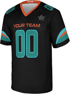 Maillot de football américain personnalisé pour homme, noir, avec numéro turquoise, bordure orange, col en V, manches courtes, en polyester anti-humidité, uniforme d'équipe - Product Image 5