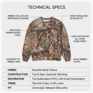Sweat-shirt à col rond camouflage pour homme, coupe classique, en polyester tricoté, décontracté, respirant, avec logo frontal, ODM - Product Image 4