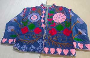 <b>Velvet</b> Suzani Short Cotton Knitted Heated Winter Varsity <b>Jacket</b> Rich Texture Intricate Embroidery Stripe Pattern Eco-Friendly - Product Image 2
