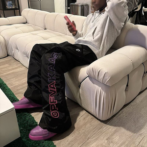 Men Oversized Graphic Nylon Pants Wide Leg Streetwear <b>Trousers</b> Bold Side Text Casual Track Pants OEM Production - Product Image 2