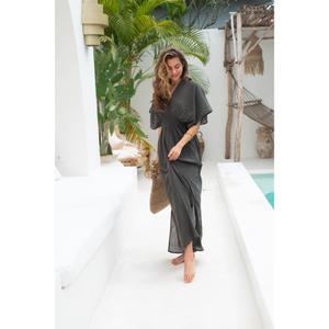 Vestido Kaftán Maxi Gris Oscuro para Mujer, 100% Algodón, Mangas Murciélago, Ecológico, Elegante, para Vacaciones, Cuello en V Profundo, Holgado, Verano - Product Image 4