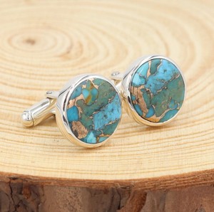 Boutons de manchette en argent sterling 925 avec pierre précieuse turquoise bleue pour hommes, cadeau de Noël pour les garçons d'honneur, 10g - Product Image 1