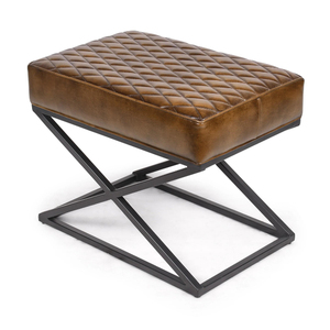 Genuine Leather <b>Footstool</b> in Antique Brown with Black Geometric Metal Frame - Product Image 3