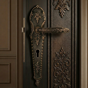 Manija de Puerta Exterior Moderna Victorian Bloom de Latón sobre Placa |   Manija de Palanca con Grabado Floral Vintage y Orificio para Llave para Puertas de Madera - Product Image 3