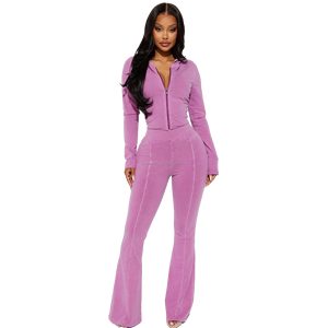 2025 Womens Custom Logo Embroidered Vintage Winter Eco-Friendly High Quality Knitted <b>Zip</b> Tracksuit Set Loose Bottom Flare - Product Image 6