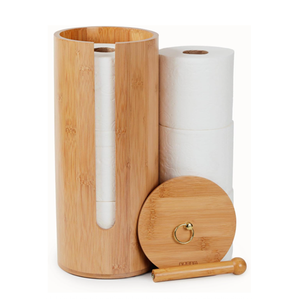 Porte-rouleau de papier toilette en bambou avec couvercle de rangement, durable, design classique, pour rouleaux de papier toilette et lingettes - Product Image 1