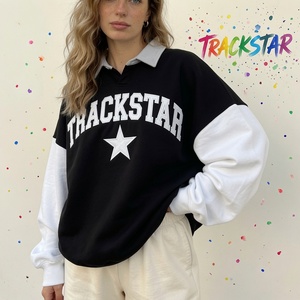 Sweat-shirt à col vert olive imprimé Trackstar, respirant, long, surdimensionné, unisexe, en molleton épais, streetwear - Product Image 3
