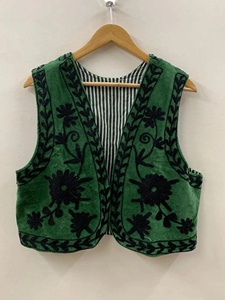 Nitin Exports <b>Green</b> <b>Velvet</b> Suzani Vest Hand Embroidered Floral Boho Sleeveless Breathable Cotton Shell V-neck Vintage Festival - Product Image 2