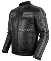 Blouson de moto à col montant pour homme en cuir véritable noir, style Cafe Racer vintage avec patchs, prix bas