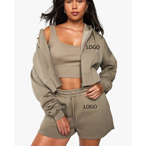 Ensemble short femme 2026 100% Coton Style Urbain Crop Hoodie Taille Haute Tenue de Sport avec Poches Logo Brodé Joggers - Product Image 4