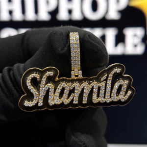 <b>Custom</b> Black Enamel Script <b>Name</b> Pendant 925 Sterling Silver VVS Moissanite Iced Hip Hop <b>Necklace</b> Yellow Gold Personalized 3D - Product Image 1