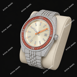 Montre de mode à cadran rond en cristal avec lunette orange argentée, affichage de la date, style luxueux et étincelant - Product Image 2