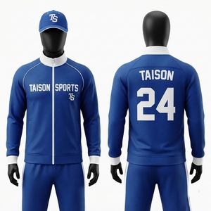 Ensemble d'entraînement de baseball unisexe haut de gamme en polyester interlock 300g, bleu roi avec empiècements blancs, passepoil, logo personnalisé, nom, numéro, fermeture éclair - Product Image 1