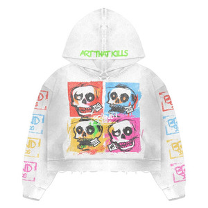 Sweat à capuche zippé blanc Brand Studio, streetwear, imprimé graffiti tête de mort, unisexe, coupe ample, 100% coton, léger - Product Image 1