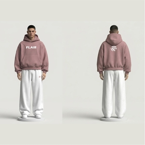 ชุดวอร์มเทคฟลีซแบบหนาพิเศษสำหรับผู้ชาย เสื้อฮู้ดดี้สีชมพูอมเทาขนาดโอเวอร์ไซส์ และกางเกงขายาวสีขาวทรงกระบอก ชุด 2 ชิ้น - Product Image 5