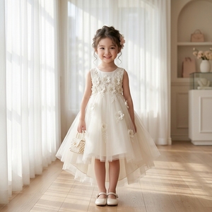 Robe de Demoiselle d'Honneur Personnalisée Noble, Robe de Princesse en Tulle Ivoire Asymétrique avec Appliques Florales 3D en Dentelle pour Cérémonie de Mariage, Boutique Enfants - Product Image 3