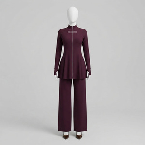 Women's Casual Embroidery Purple Hooded Fleece Knitted Jacket Set Long Sleeve Solid Color Full Length Pants Islamic Modest - Product Image 1