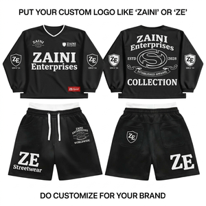 Ensemble sweat à capuche et short pour homme en molleton de coton respirant 340 GSM, noir, avec logo personnalisé sur le devant, style streetwear décontracté, idéal pour l'hiver - Product Image 1