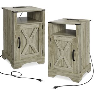 Farmhouse-Style <b>Rustic</b> Wooden Nightstand Tall <b>Bedside</b> <b>Table</b> with Electrical Outlets and Charging Station 2 Sets Available - Product Image 1