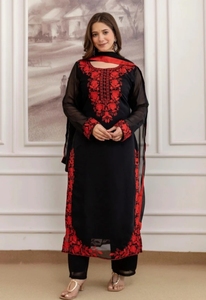Black Red Embroidered Chiffon Shawl Ethnic <b>Scarf</b> Modern Autumn Wrap Skin-Friendly Breathable for Daily Wear - Product Image 3