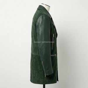 Custom Mens Forest Green Leather <b>Suede</b> Long Trench Coat Mixed Media Double Rider Biker <b>Jacket</b> Wholesale Outerwear Manufacturer - Product Image 3