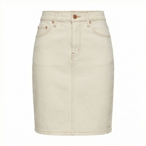 Women's High Waist Denim Pencil <b>Skirt</b> Solid Beige Button Closure Casual <b>Knee</b> <b>Length</b> - Product Image 1