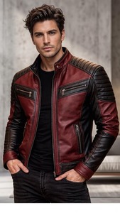 Mens <b>Red</b> Black Leather Biker <b>Jacket</b> Slim Fit Quilted Shoulders Stand Collar Motorcycle <b>Jacket</b> - Product Image 1