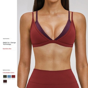 Women's Sports Bra Deep V-<b>Neck</b> Contrast Straps Removable <b>Pads</b> Yoga Fitness Wear Maroon Color Medium Support Seamless Breathable - Product Image 5