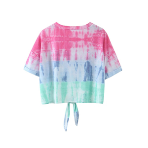 Whole Sale Customized Women <b>Tie</b> <b>Dye</b> Front Knot Cropped T Shirt Casual Summer Regular Fit <b>Top</b> Tee - Product Image 2