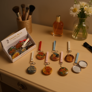 Specchio cosmetico Z da 6,3 cm, stile pittura a olio, a forma di corteccia, specchietto tascabile circolare con cinturino per donna - Product Image 2