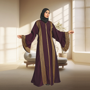 ชุดอาบายะห์อิสลามแบบเรียบง่ายสำหรับวันอีด ผ้าไนดา ระบายอากาศได้ดี น้ำหนักเบา ตกแต่งด้วยลายเส้นแนวตั้ง ดีไซน์แขนทรงปีกค้างคาวแบบสบายๆ - Product Image 4