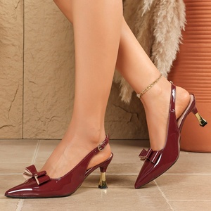 Office Ladies Burgundy Patent Leather Slingback Heels Summer Pointed Toe <b>Bow</b> Stiletto Heel Pumps - Product Image 4