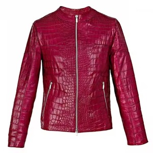 Veste pour homme en cuir véritable gaufré, imperméable, écologique, col montant, fermeture éclair, style motard, rouge bordeaux - Product Image 1