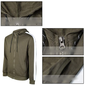 Ensemble de survêtement pour homme vert olive à capuche, manches longues, fermeture éclair, poches latérales, tenue décontractée d'automne, design rayé, coupe régulière - Product Image 3