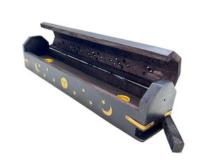 Boîte à encens en bois noir Steen faite à la main avec motif lune et étoile pour usage religieux, diffuseur d'aromathérapie en bois de style chinois - Product Image 5