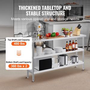 Tavolo per alimenti in acciaio inox 14X60X34 pollici tavolo da lavoro da cucina commerciale sotto scaffale 2 metallo per barbecue resistente regolabile - Product Image 3