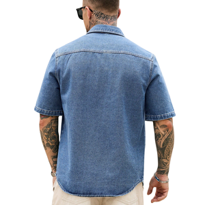 Chemise en jean personnalisée pour homme à manches courtes, en coton lavé, boutonnée, décontractée, respirante, séchage rapide, col rabattu, coupe classique, poche poitrine - Product Image 2
