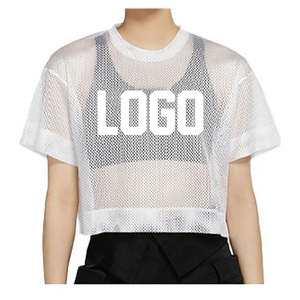Women's Summer Loose Fit Black <b>Mesh</b> <b>Crop</b> <b>Top</b> Crew Neck Short Sleeve Breathable Sporty with Logo Print - Product Image 2