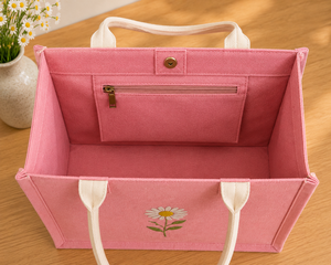 Pink Jute Tote Bag With <b>Daisy</b> Embroidery Medium Size Hand Carry Shopping Bag - Product Image 5