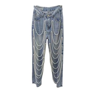 Jean en denim taille haute coupe droite pour femme, longueur intégrale, en coton délavé, style vintage perlé, coupe décontractée printemps - Product Image 1