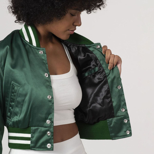 <b>Women</b> Cropped Satin Varsity <b>Jacket</b> Green Button Up Streetwear Bomber <b>Lightweight</b> Casual Fashion Outerwear Custom OEM - Product Image 2