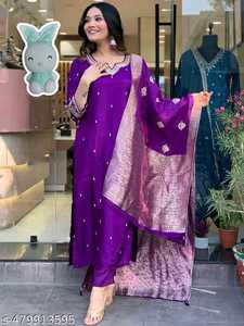 Women Silk Kurta Set Embroidered Indian Pakistani Clothing Foil Print Wedding Party Outfit - Product Image 4